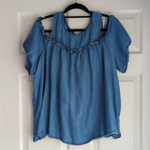 3/$15 - Lauren Conrad Women's Plus Cold Shoulder Chambray Top With Ruffl…